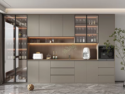 Modern Wine Cabinet With Glass Doors And LED Lighting In Open Kitchen Design 3d model
