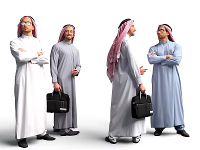 Group of Middle Eastern Men in Traditional Robes Headscarves with Briefcases Interacting 3d model