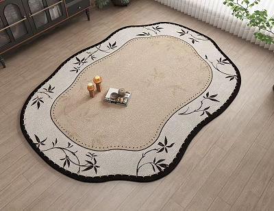 Decorative Oval Shaped Rug With Beige Center And Black Leaf Patterns On Wooden Floor 3d model