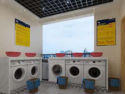 Modern Laundry Room With Red Sinks Washing Machines Yellow Signs And City View 3d model