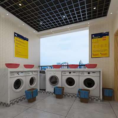 Modern Laundry Room With Red Sinks Washing Machines Yellow Signs And City View 3d model