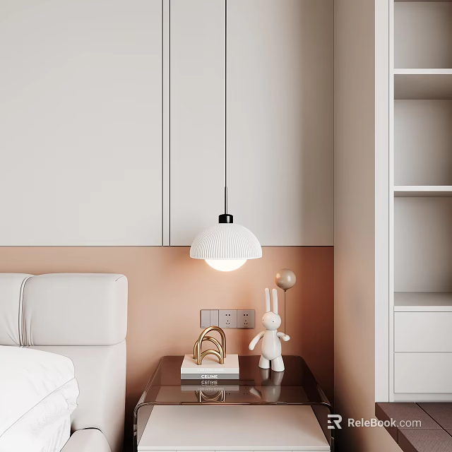 Modern Pendant Light With White Lampshade Hanging In Bedroom With White Sofa And Rabbit Figurine 3d model 