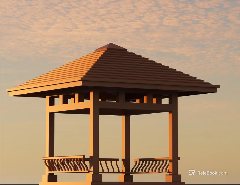 Garden Landscape With Scenic Pavilion Brown Roof Columns And Ornate Railing Under Sunset Sky 3d model 