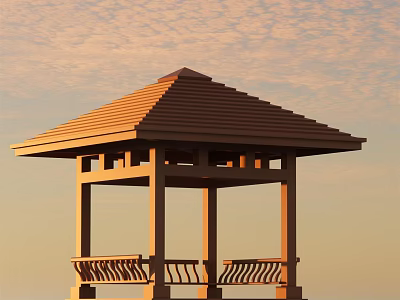 Garden Landscape With Scenic Pavilion Brown Roof Columns And Ornate Railing Under Sunset Sky 3d model