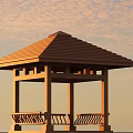 Garden Landscape With Scenic Pavilion Brown Roof Columns And Ornate Railing Under Sunset Sky