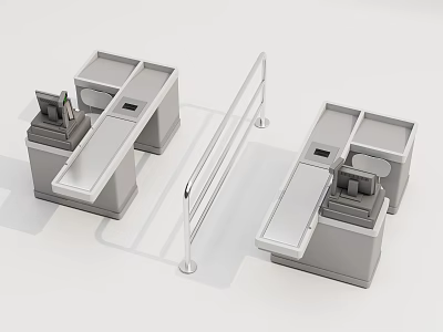 Modern Gray Self Service Kiosks With Metal Railing Between Them 3d model