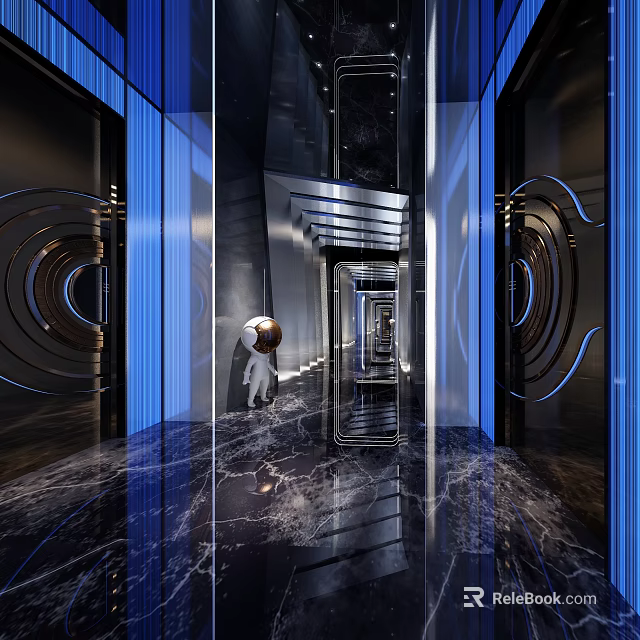 Modern Elevator Lobby Interior Design With Blue Lighting And Marble Flooring 3d model 