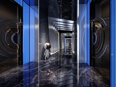 Modern Elevator Lobby Interior Design With Blue Lighting And Marble Flooring 3d model