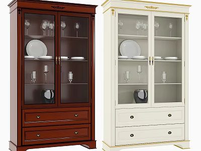 Dark Brown and Cream White Cabinets with Glass Doors Displaying Dishes Wine Glasses and Drawers 3d model