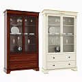 Dark Brown and Cream White Cabinets with Glass Doors Displaying Dishes Wine Glasses and Drawers