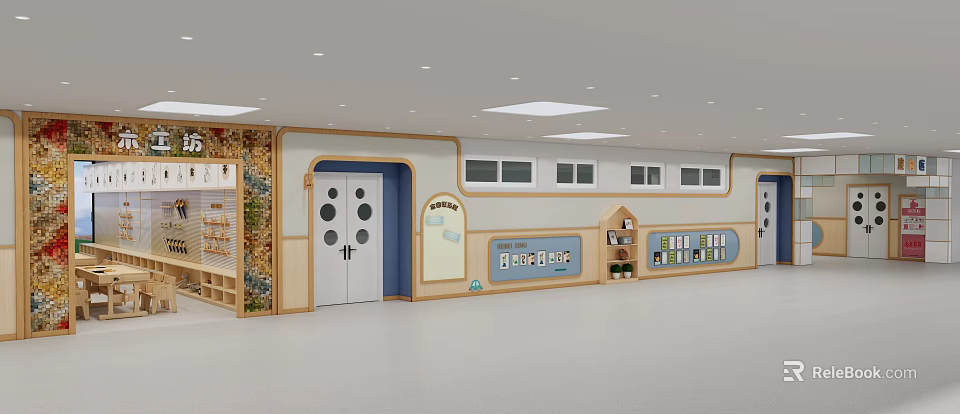 School Preschool Classroom Interior With Decorative Double Doors Windows Bookshelves And Wall Decorations 3d model 