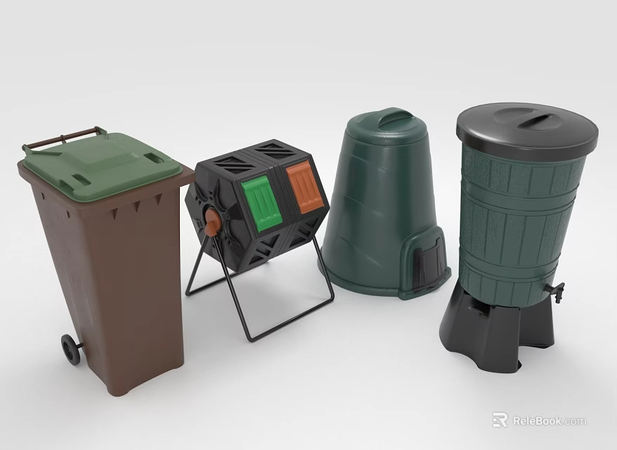 Household Waste Management Equipment With Wheeled Trash Can Compost Bin And Recycling Containers 3d model 