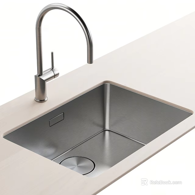 Stainless Steel Kitchen Sink With Faucet On Light Colored Modern Countertop 3d model 