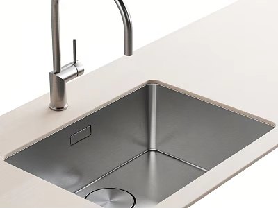 Stainless Steel Kitchen Sink With Faucet On Light Colored Modern Countertop 3d model