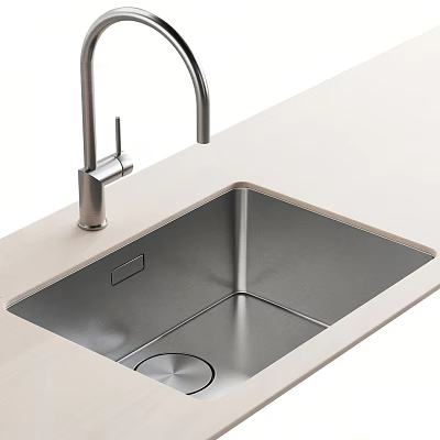 Stainless Steel Kitchen Sink With Faucet On Light Colored Modern Countertop 3d model
