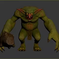 Green Skinned Fantasy Creature Character With Red Horns And Wooden Club