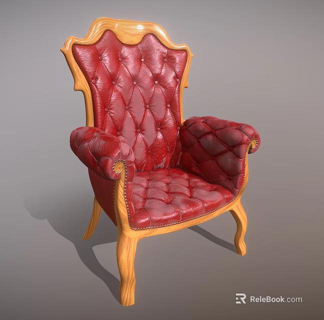 Classic Red Leather Armchair With Wooden Carved Frame Tufted Backrest And Armrests 3d model 