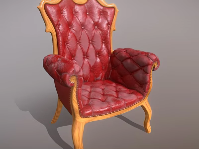 Classic Red Leather Armchair With Wooden Carved Frame Tufted Backrest And Armrests 3d model