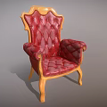 Classic Red Leather Armchair With Wooden Carved Frame Tufted Backrest And Armrests
