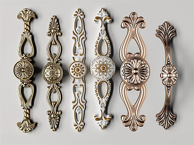 Ornate Vintage Cabinet Handles With Decorative Metal Designs And Various Styles 3d model