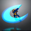Glowing Blue Crescent Scene With Blue And Yellow Cartoon Character Standing