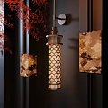 Oriental Design Wall Lamp With Fish Scale Pattern And Red Maple Leaves Art Panels 3d model