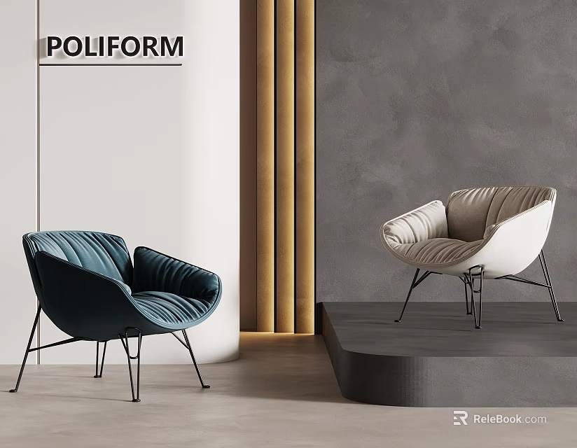 POLIFORM Modern Accent Chairs With Navy Blue Cream White Velvet Upholstery And Metal Legs 3d model 