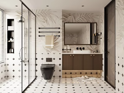 Modern Bathroom Interior With Glass Shower Leaf Patterned Walls Diamond Tiles Vanity Mirror And Toilet 3d model