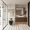 Modern Bathroom Interior With Glass Shower Leaf Patterned Walls Diamond Tiles Vanity Mirror And Toilet