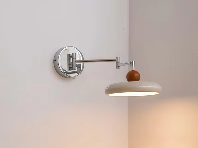 Modern Wall Lamp With Metal Arm White Shade And Wooden Knob On White Wall 3d model
