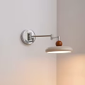 Modern Wall Lamp With Metal Arm White Shade And Wooden Knob On White Wall