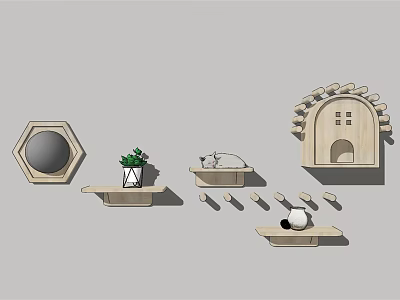 Wooden Household Decor Items Including Hexagonal Mirror Plant Shelf Cat Bed And Panda Figurine 3d model