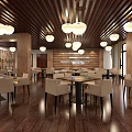 Warm Modern Café Interior With Wooden Ceiling Pendant Lights And Cozy Seating