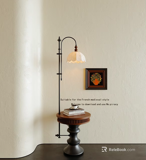 French Rustic Floor Lamp with Small Table Stack of Books and Framed Flower Wall Art 3d model 