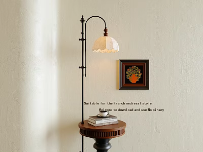 French Rustic Floor Lamp with Small Table Stack of Books and Framed Flower Wall Art 3d model