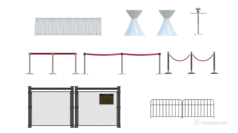 Various Safety Barriers Including Curtains Cones Red Ropes And Metal Fencing 3d model 