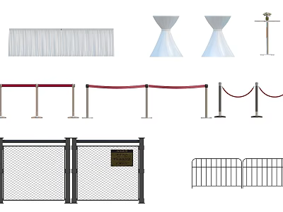 Various Safety Barriers Including Curtains Cones Red Ropes And Metal Fencing 3d model