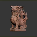 Red Stone Mythical Beast Sculpture With Intricate Curly Mane And Base