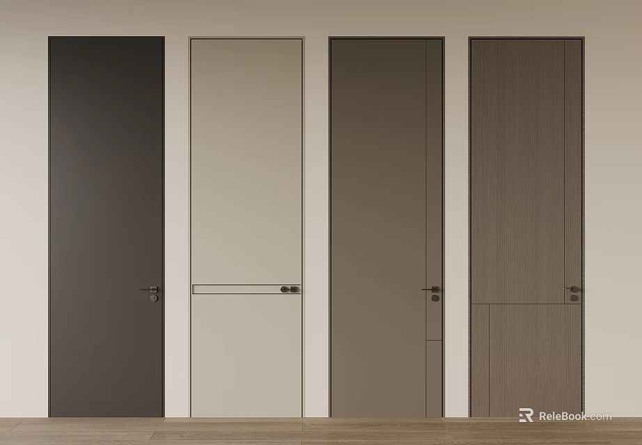 Modern Minimalist Doors In Different Colors And Materials With Simple Frames And Handles 3d model 