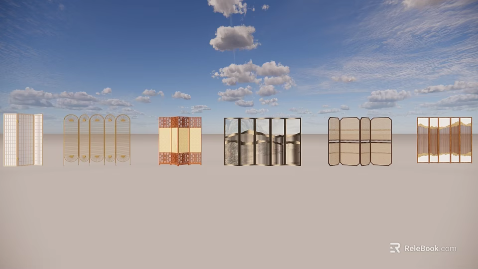 Modern Room Divider Screens With Carved Patterns Folding Panels Wooden Frames And Glass Inserts 3d model