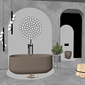 Freestanding Gray Bathtub With White Base Black Faucet Circular Decor And Green Plant