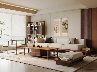 Modern Minimalist Living Room Interior Design With Sofa Coffee Table And Decorative Paintings 3d model