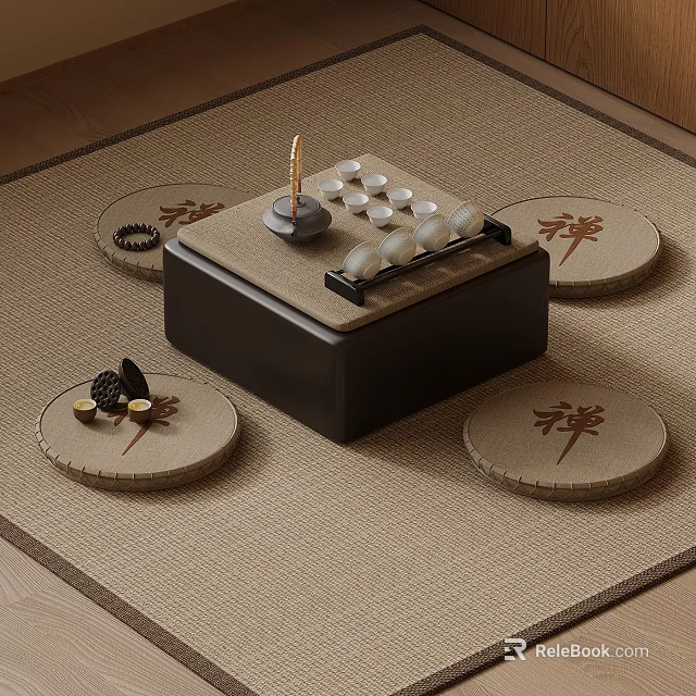 Traditional Zen Tea Table With Tea Set Cups And Round Mats With Zen Characters 3d model 