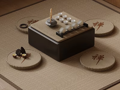 Traditional Zen Tea Table With Tea Set Cups And Round Mats With Zen Characters 3d model