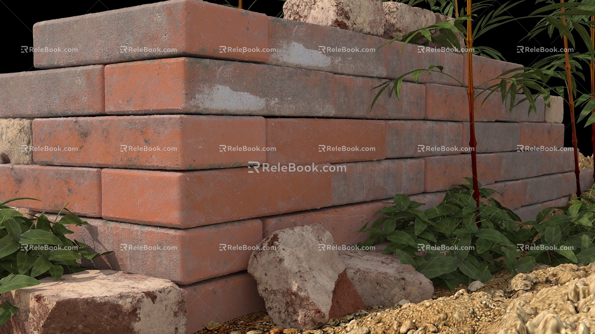 wall tile red brick bamboo broken brick 3d model