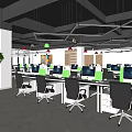 Modern Public Office Space With Open Layout Multiple Computers Black Chairs White Desks Green Plants 3d model