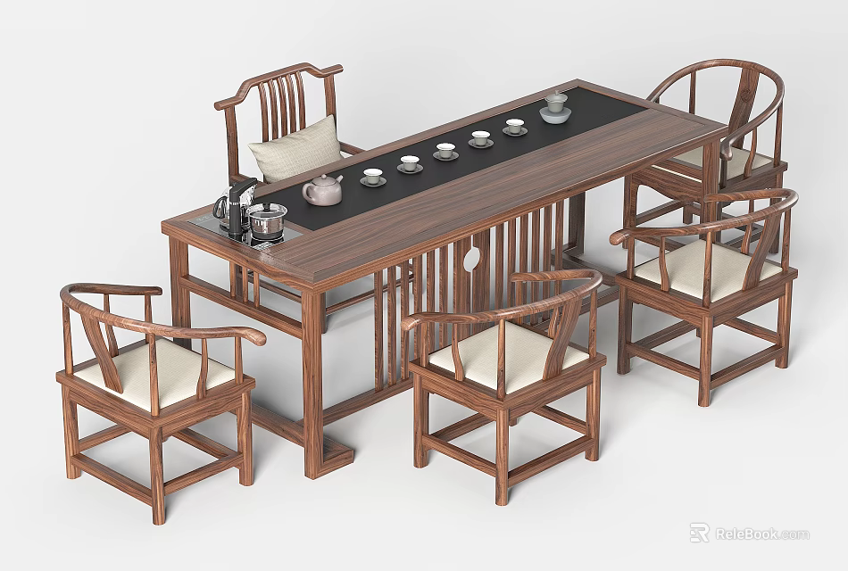 Traditional Chinese Style Tea Table And Chairs With Wooden Frame Cushioned Seats And Tea Sets 3d model 