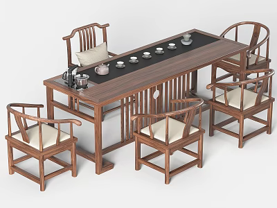 Traditional Chinese Style Tea Table And Chairs With Wooden Frame Cushioned Seats And Tea Sets 3d model