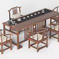 Traditional Chinese Style Tea Table And Chairs With Wooden Frame Cushioned Seats And Tea Sets