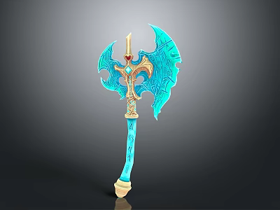 Ornate Blue And Gold Axe Weapon With Mythical Carvings And Red Gem 3d model